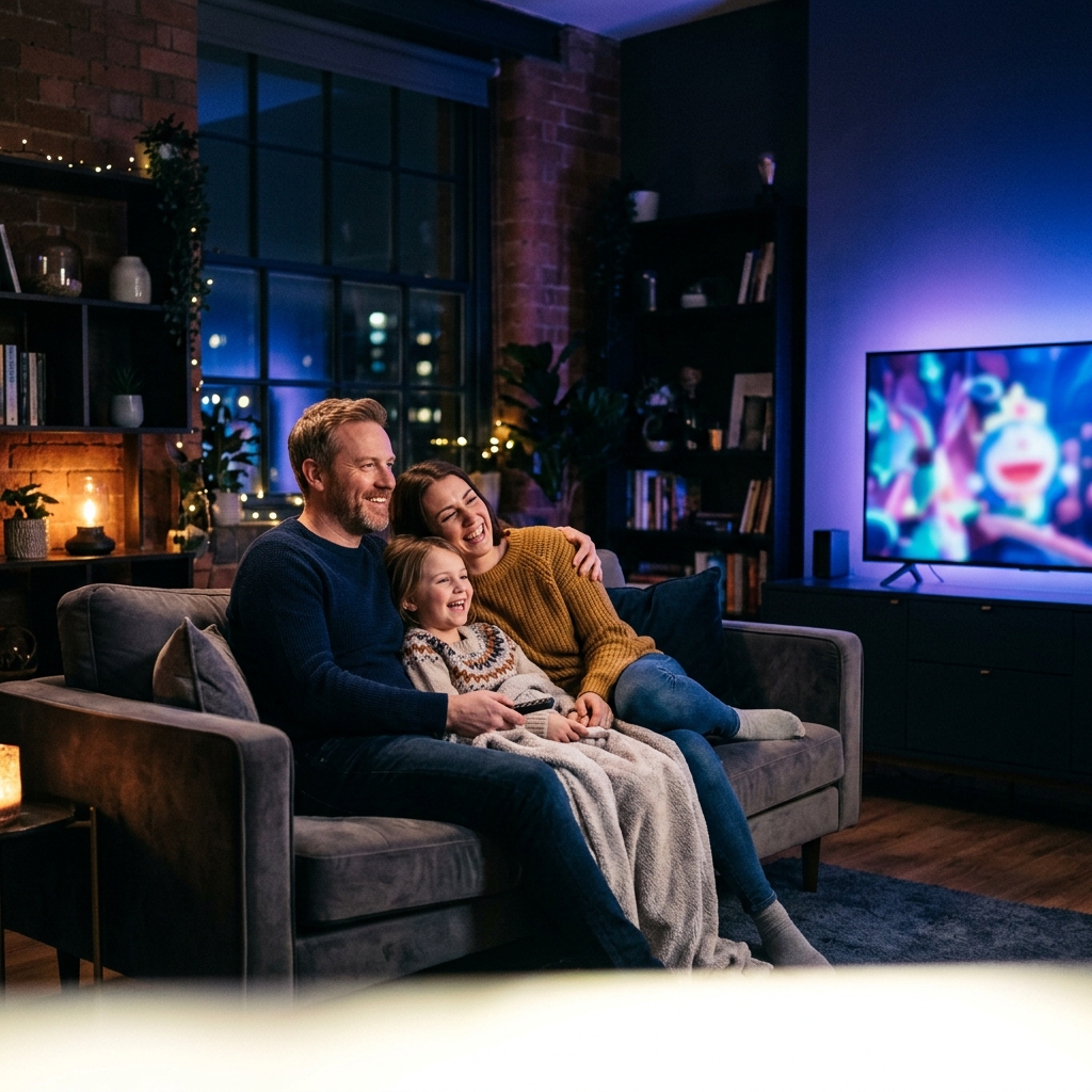 Family watching portaltivi on TV